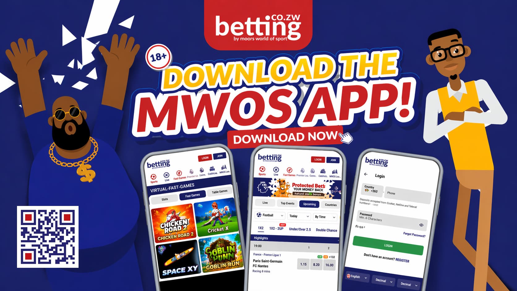 MWOS App download_banner(1) This is a vibrant digital advertisement for the "MWOS APP" by Betting.co.zw, showcasing three mobile phone screens displaying app interfaces and featuring two stylized characters to promote a downloading campaign.